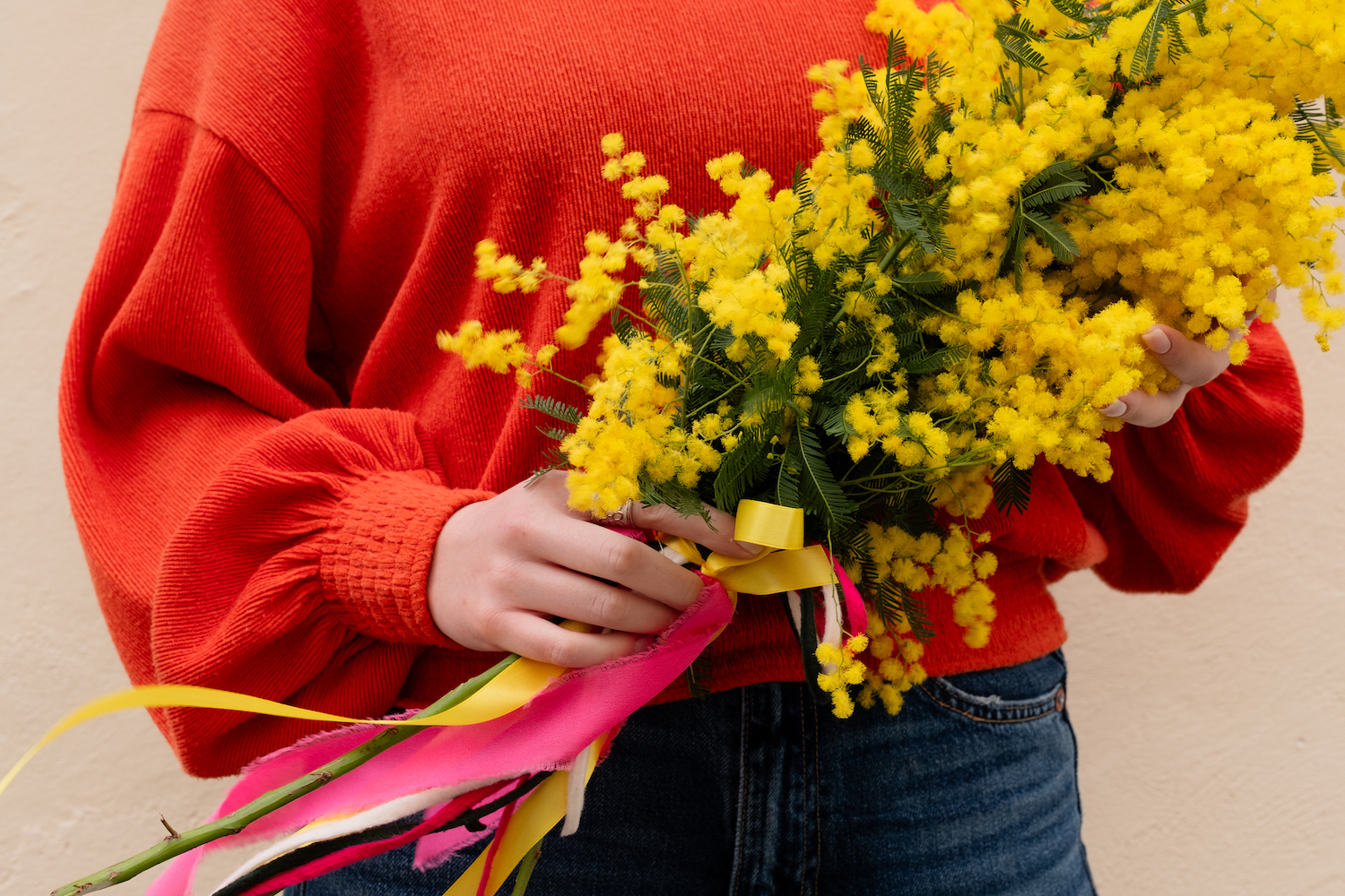 3 Rami Di Mimosa Finta 38cm - Fiori Artificiali Per Festa Della Donna, Rametti Decorativi
